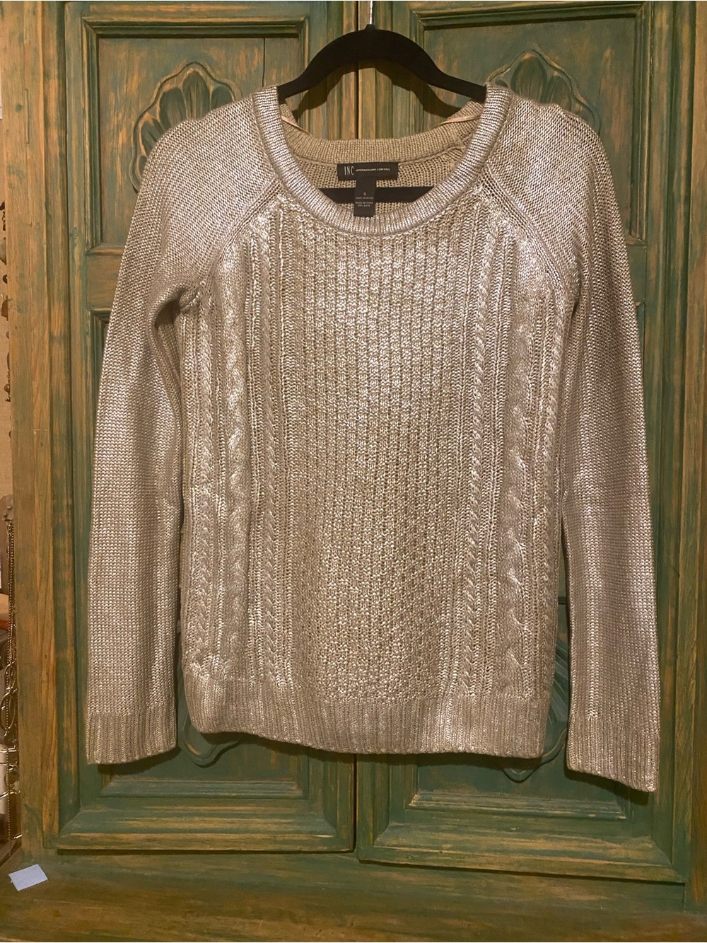INC International Concepts Metallic Silver Cable Crew Sweater
